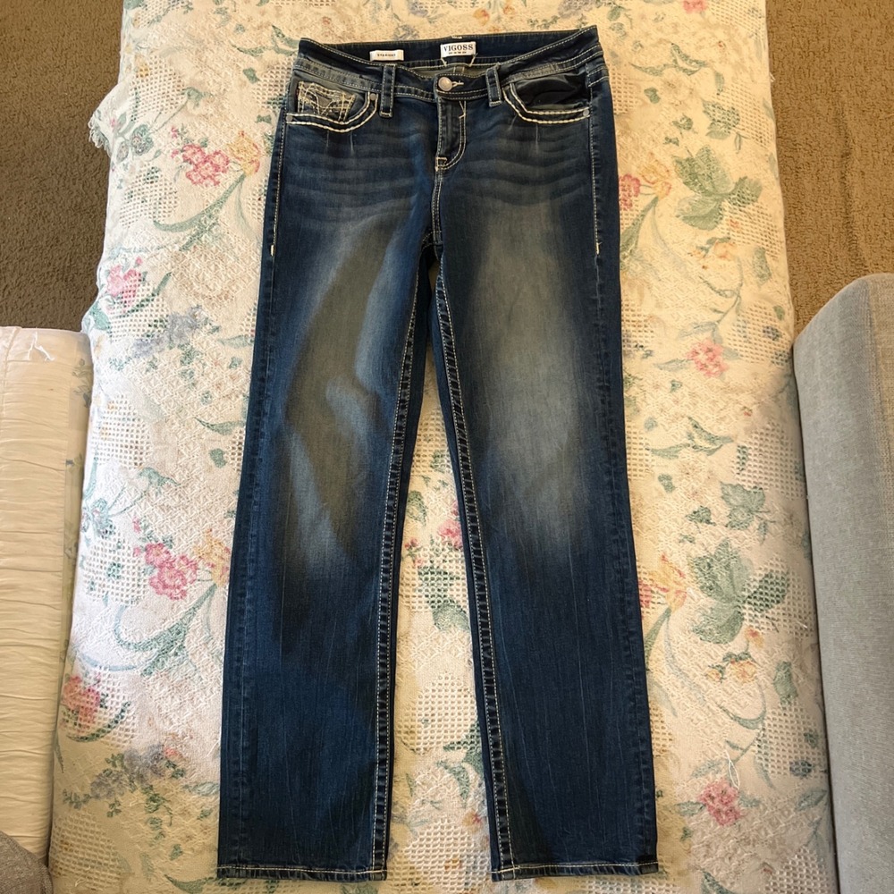 Vigoss Straight Leg Jeans Dark Wash Thick Stitch Embroidered Pocket Mens 12